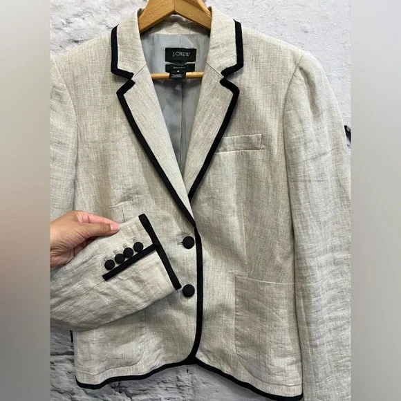 J Crew 100% Linen Schoolboy Blazer Neutral Beige Bold Covered‎ Buttons Work - Picture 8 of 12